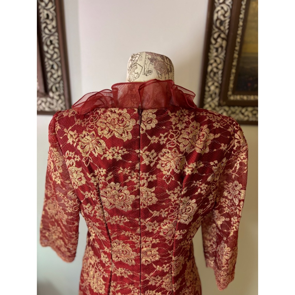 Red Gold Floral Lace Cheongsam Dress Mandarin Collar Style Evening SZ 6/8 - Picture 6 of 15